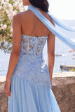 Chiffon Blue A-lijn sweetheart bloemen maxijurk met split