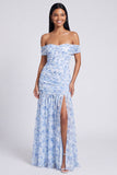 Off the Shoulder A Line roze bloemen maxijurk met split