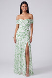 Off the Shoulder A Line roze bloemen maxijurk met split
