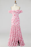 Off the Shoulder A Line roze bloemen maxijurk met split
