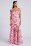 Off the Shoulder A Line roze bloemen maxijurk met split