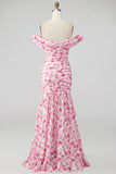 Off the Shoulder A Line roze bloemen maxijurk met split