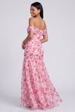 Off the Shoulder A Line roze bloemen maxijurk met split