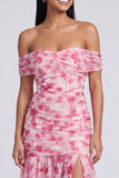Off the Shoulder A Line roze bloemen maxijurk met split