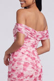 Off the Shoulder A Line roze bloemen maxijurk met split