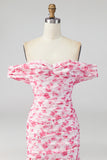 Off the Shoulder A Line roze bloemen maxijurk met split