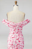 Off the Shoulder A Line roze bloemen maxijurk met split