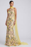 Eenschouderige gele meermin-geappliqueerde maxi-jurk met bloemen