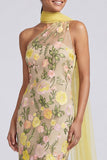 Eenschouderige gele meermin-geappliqueerde maxi-jurk met bloemen