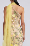 Eenschouderige gele meermin-geappliqueerde maxi-jurk met bloemen