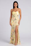 Strapless gele meermin-bloemen maxijurk met split