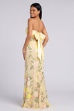 Strapless gele meermin-bloemen maxijurk met split
