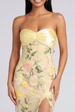 Strapless gele meermin-bloemen maxijurk met split