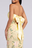 Strapless gele meermin-bloemen maxijurk met split
