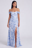Off-the-shoulder blauwe bloemenjurk met A-lijn formele jurk met split