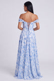 Off-the-shoulder blauwe bloemenjurk met A-lijn formele jurk met split