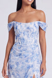 Off-the-shoulder blauwe bloemenjurk met A-lijn formele jurk met split