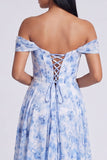 Off-the-shoulder blauwe bloemenjurk met A-lijn formele jurk met split