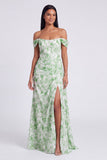 Off-the-shoulder blauwe bloemenjurk met A-lijn formele jurk met split