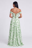 Off-the-shoulder blauwe bloemenjurk met A-lijn formele jurk met split