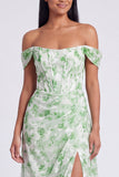 Off-the-shoulder blauwe bloemenjurk met A-lijn formele jurk met split