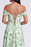 Off-the-shoulder blauwe bloemenjurk met A-lijn formele jurk met split