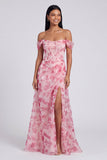 Off-the-shoulder blauwe bloemenjurk met A-lijn formele jurk met split