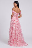 Off-the-shoulder blauwe bloemenjurk met A-lijn formele jurk met split