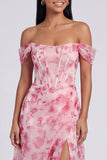Off-the-shoulder blauwe bloemenjurk met A-lijn formele jurk met split