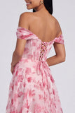 Off-the-shoulder blauwe bloemenjurk met A-lijn formele jurk met split