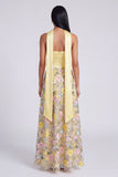 Strapless gele A-lijn maxi bloemenjurk met sjaal