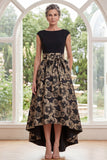 Zwarte A-lijn bateau hals bloemen jacquard hoog lage moeder van de bruid jurk met strik