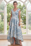 A-lijn blauwe V-hals bloemenjacquard hoog lage moederjurk met mouwen, cap sleeves