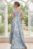 A-lijn blauwe V-hals bloemenjacquard hoog lage moederjurk met mouwen, cap sleeves
