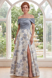 Off-the-shoulder stoffige blauwe A-lijn Jacquard Long Mother of the Bride jurk met split