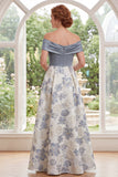 Off-the-shoulder stoffige blauwe A-lijn Jacquard Long Mother of the Bride jurk met split