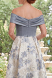 Off-the-shoulder stoffige blauwe A-lijn Jacquard Long Mother of the Bride jurk met split