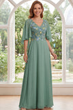 Saliegroene A-lijn chiffon V-hals bloemenjurk Moeder van de Bruid Moeder van de Bruid jurk