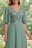 Saliegroene A-lijn chiffon V-hals bloemenjurk Moeder van de Bruid Moeder van de Bruid jurk