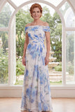 Chiffon witblauwe bloem van de schouder gerimpeld lange moeder van de bruid jurk