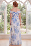 Chiffon witblauwe bloem van de schouder gerimpeld lange moeder van de bruid jurk