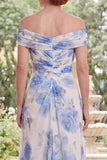 Chiffon witblauwe bloem van de schouder gerimpeld lange moeder van de bruid jurk