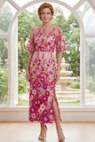 Fuchsia bloemenbateau hals geborduurde midi moeder van de bruid jurk met split