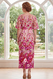 Fuchsia bloemenbateau hals geborduurde midi moeder van de bruid jurk met split