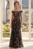 Zwarte tule bloemenjurk met een lange moeder van de bruid met een lange moeder van de bruid jurk van de borst met bloemen van de schouder