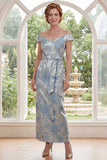 Blauwe off-the-shoulder bodycon Jacquard bloemenjurk met lange moeder van de bruid jurk met riem