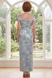 Blauwe off-the-shoulder bodycon Jacquard bloemenjurk met lange moeder van de bruid jurk met riem