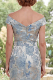 Blauwe off-the-shoulder bodycon Jacquard bloemenjurk met lange moeder van de bruid jurk met riem