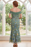 Zeemeermingroen Off the Shoulder Geborduurde Bloemenjurk Lange Moeder van de Bruid Jurk