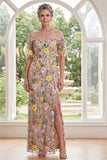Champagne Illusie halsschede geborduurd met bloemen lange moeder van de bruid jurk met split